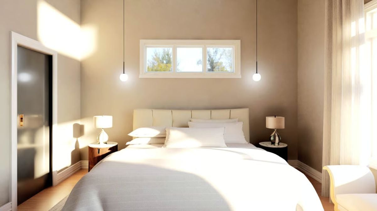 Pendant Lights Flanking a High Window Give This Bedroom Layered Nighttime Ambiance