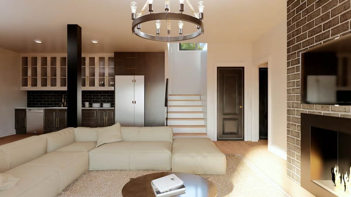 Circular Chandelier and Brick Fireplace Pull This Open Living Space Together