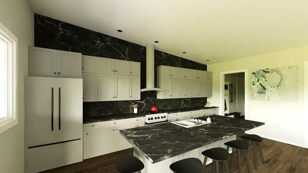 Black Marble Counters and White Cabinets That Don't Compete