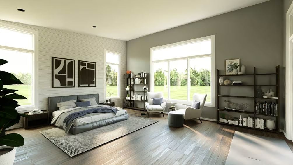 Low-Profile Bed and Abstract Art in a Master Suite Built for Quiet