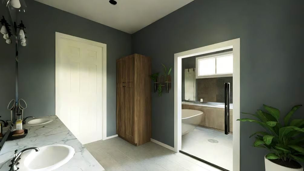 Marble Vanity, Warm Wood Cabinet, and a Soaking Tub Tucked Just Out of Reach