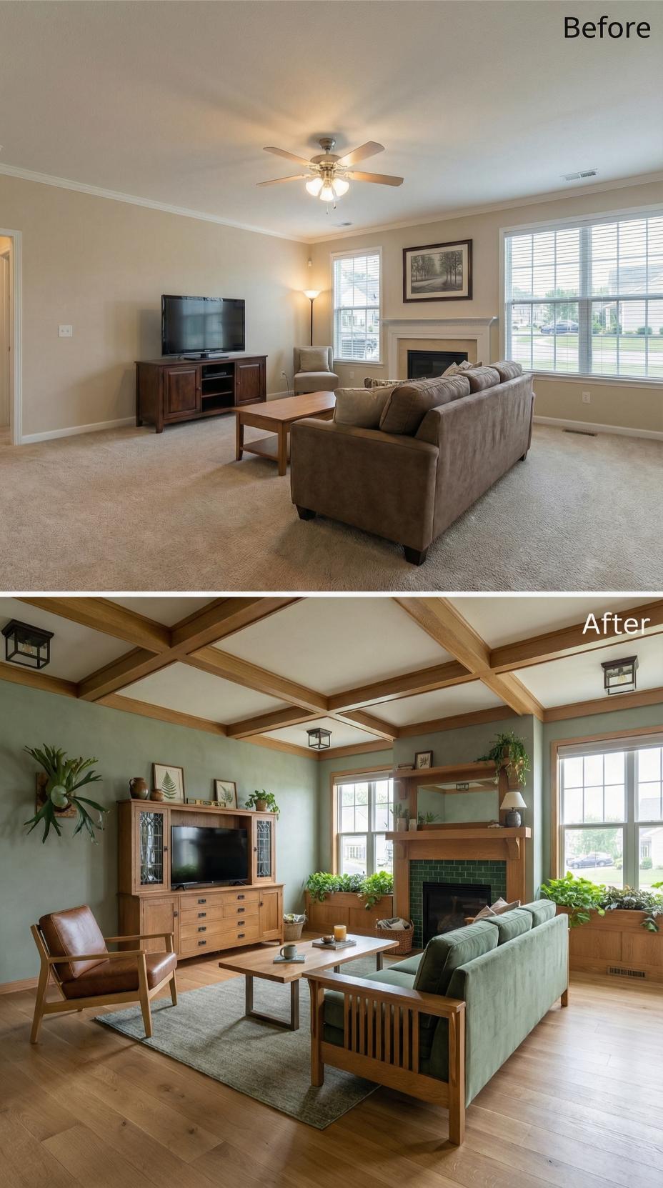 Craftsman Coffered Ceiling and Green Velvet Swap Beige Carpet for Oak and Botanicals