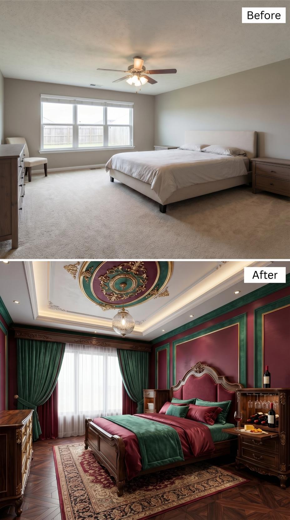 Crimson Wall Panels and a Medallion Ceiling Trade Beige Carpet for Victorian Grandeur