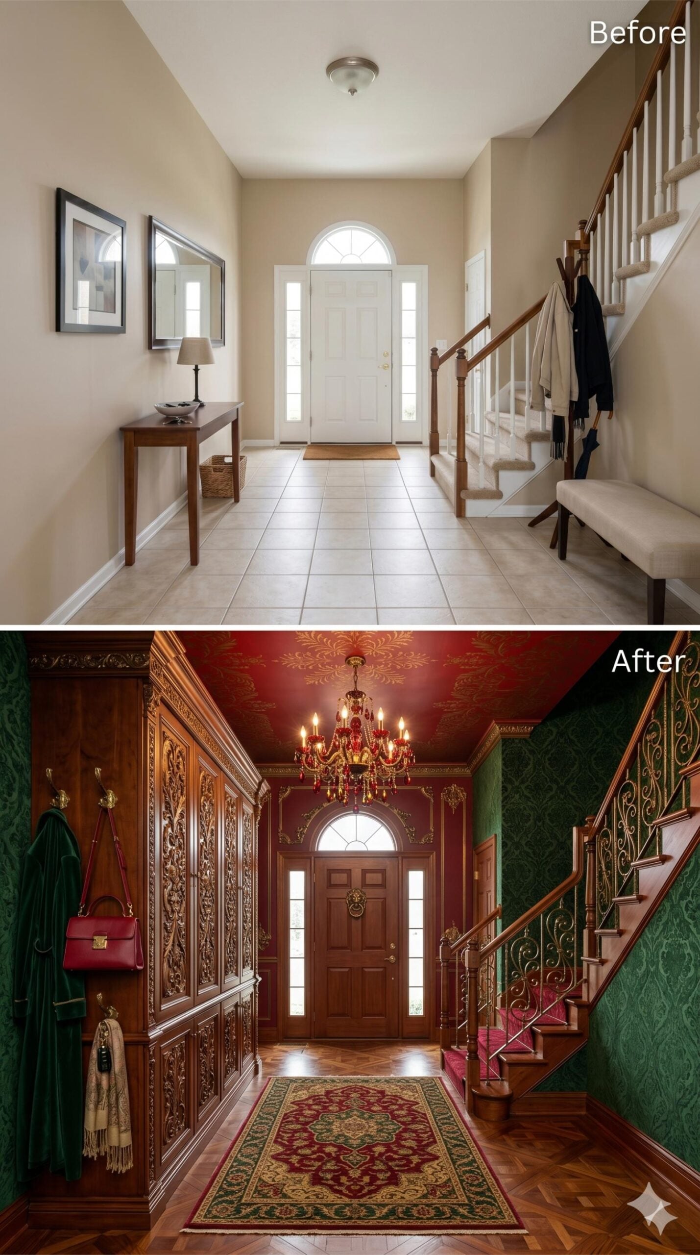 Carved Walnut Panels, Red Crystal Chandelier, and Damask Walls Declare a Foyer's Full Intentions