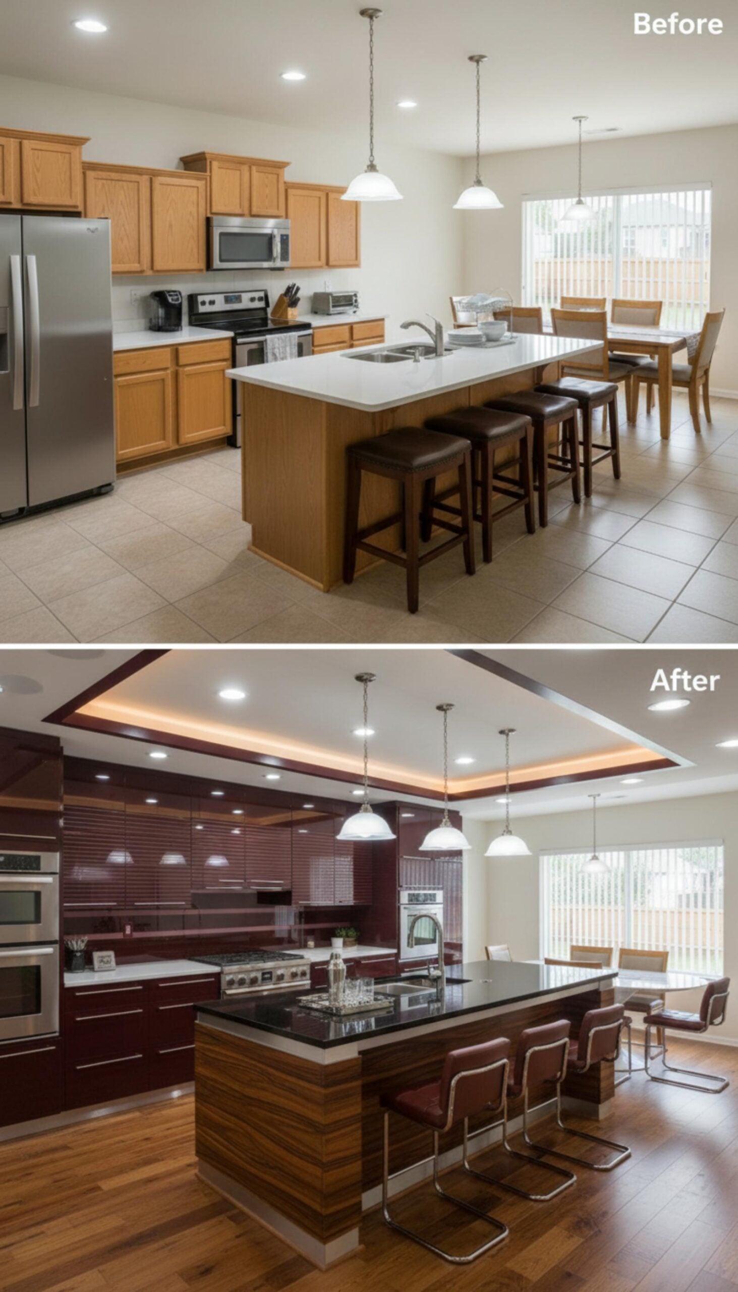 Glossy Burgundy Cabinets, Zebra Wood Island Siding, and Cove Lighting Built Into a Tray Ceiling