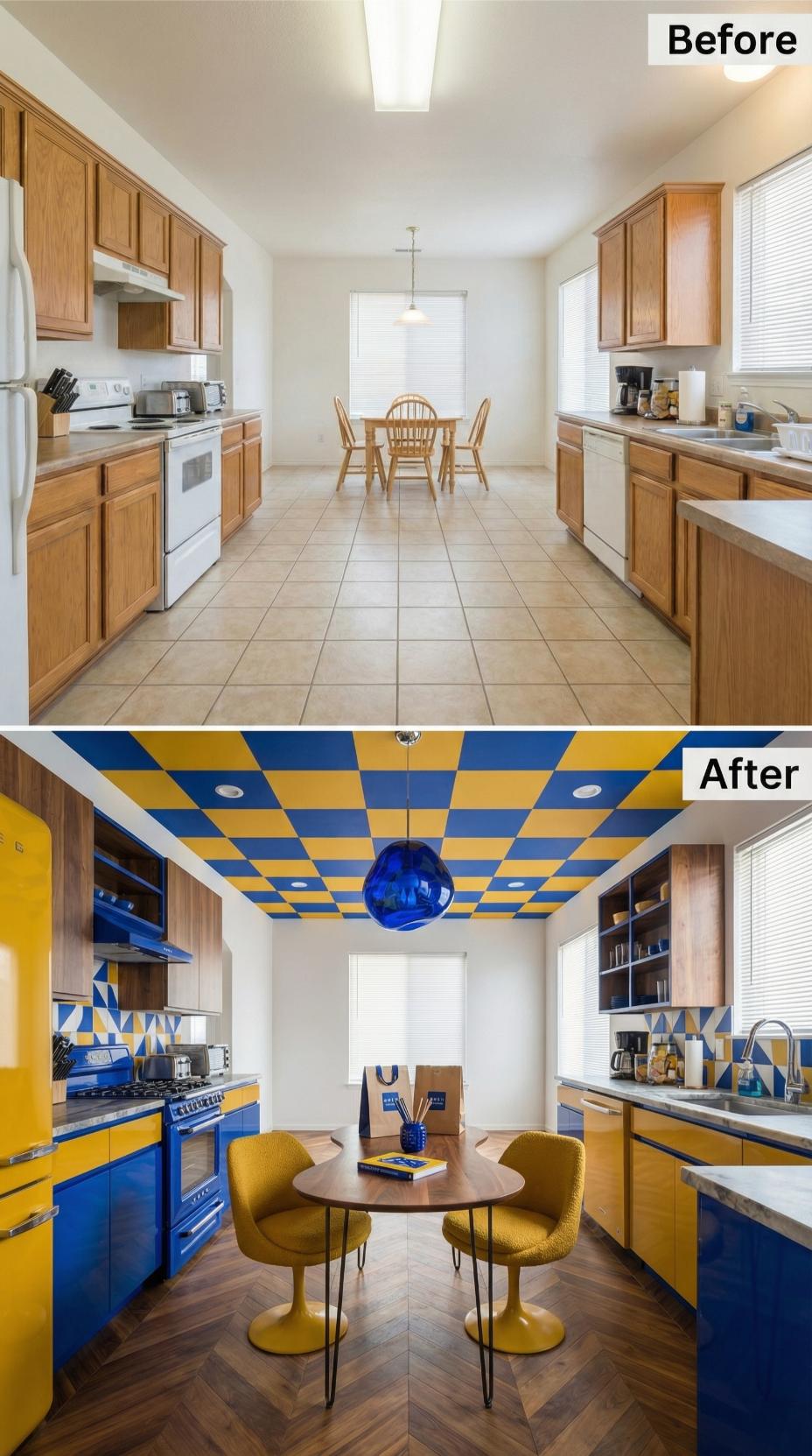 Cobalt Blue Appliances and a Checkerboard Ceiling Declared the Takeout Era Officially Over