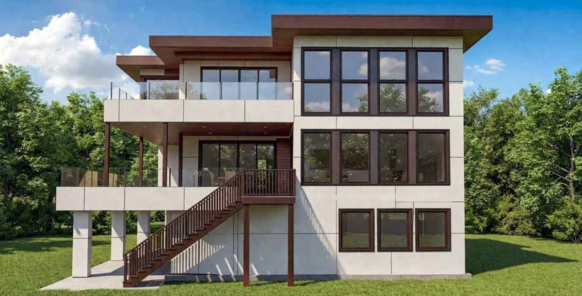 Flat Roof Lines and Floor-to-Ceiling Glass Define This Three-Story Modern Exterior