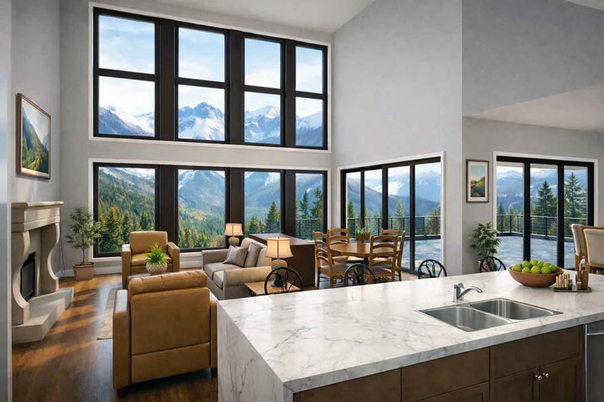 Floor-to-Ceiling Mountain Views Frame an Open-Concept Living Space