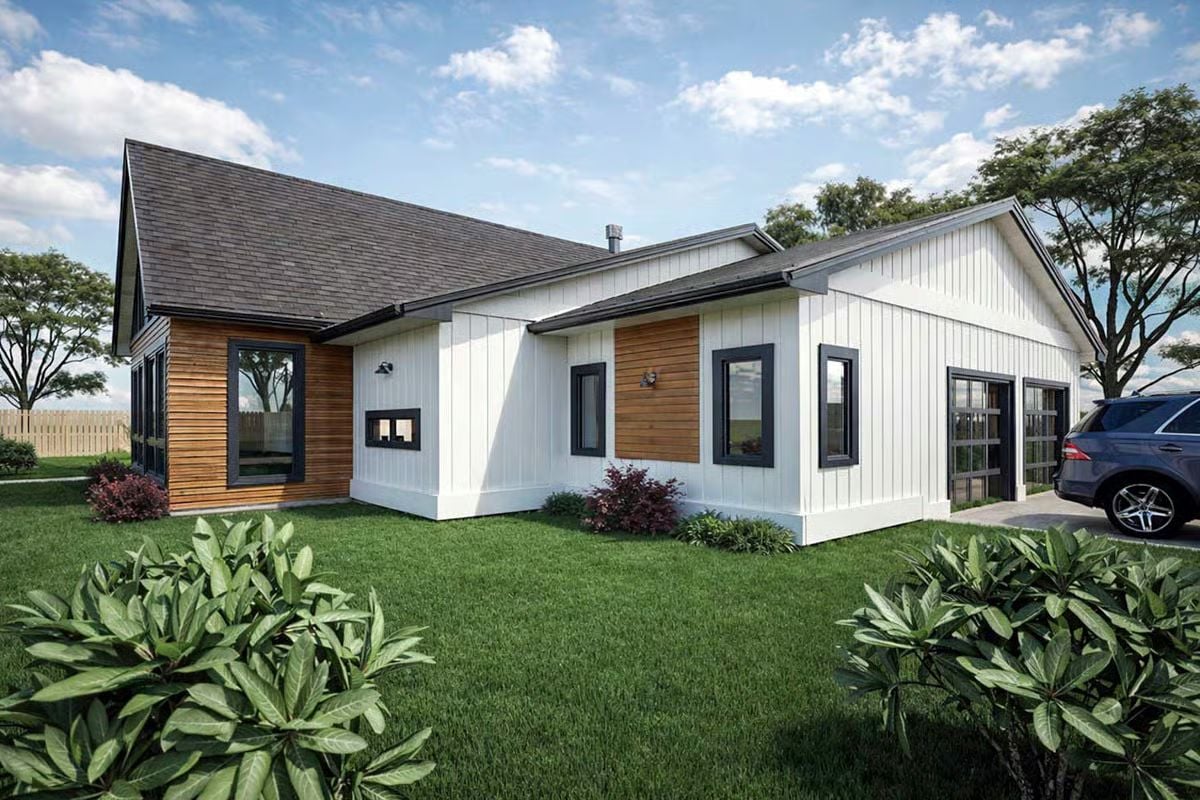 White Board-and-Batten Meets Warm Cedar Accents on This Modern Farmhouse Exterior