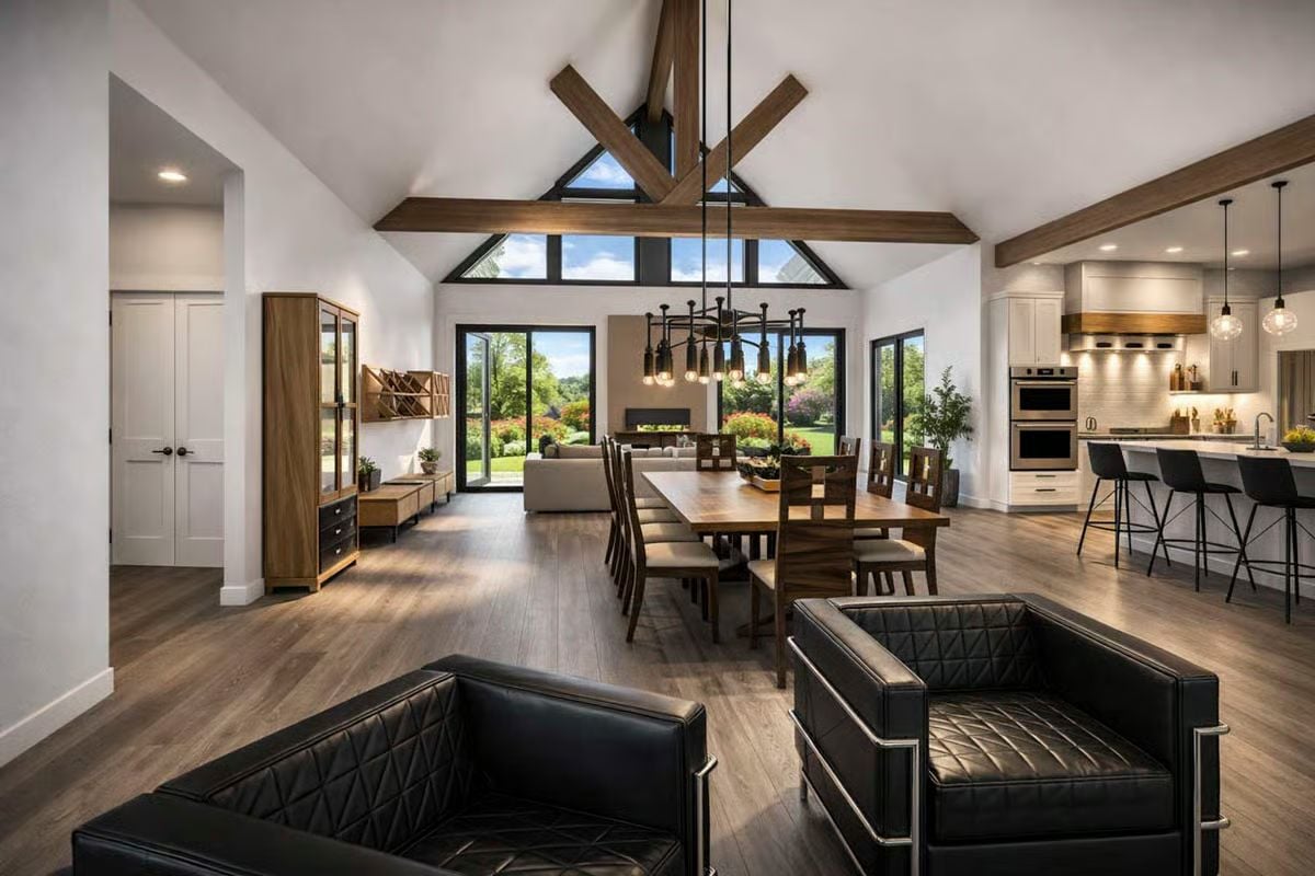 Vaulted Trusses and Black-Frame Windows Define This Open Great Room