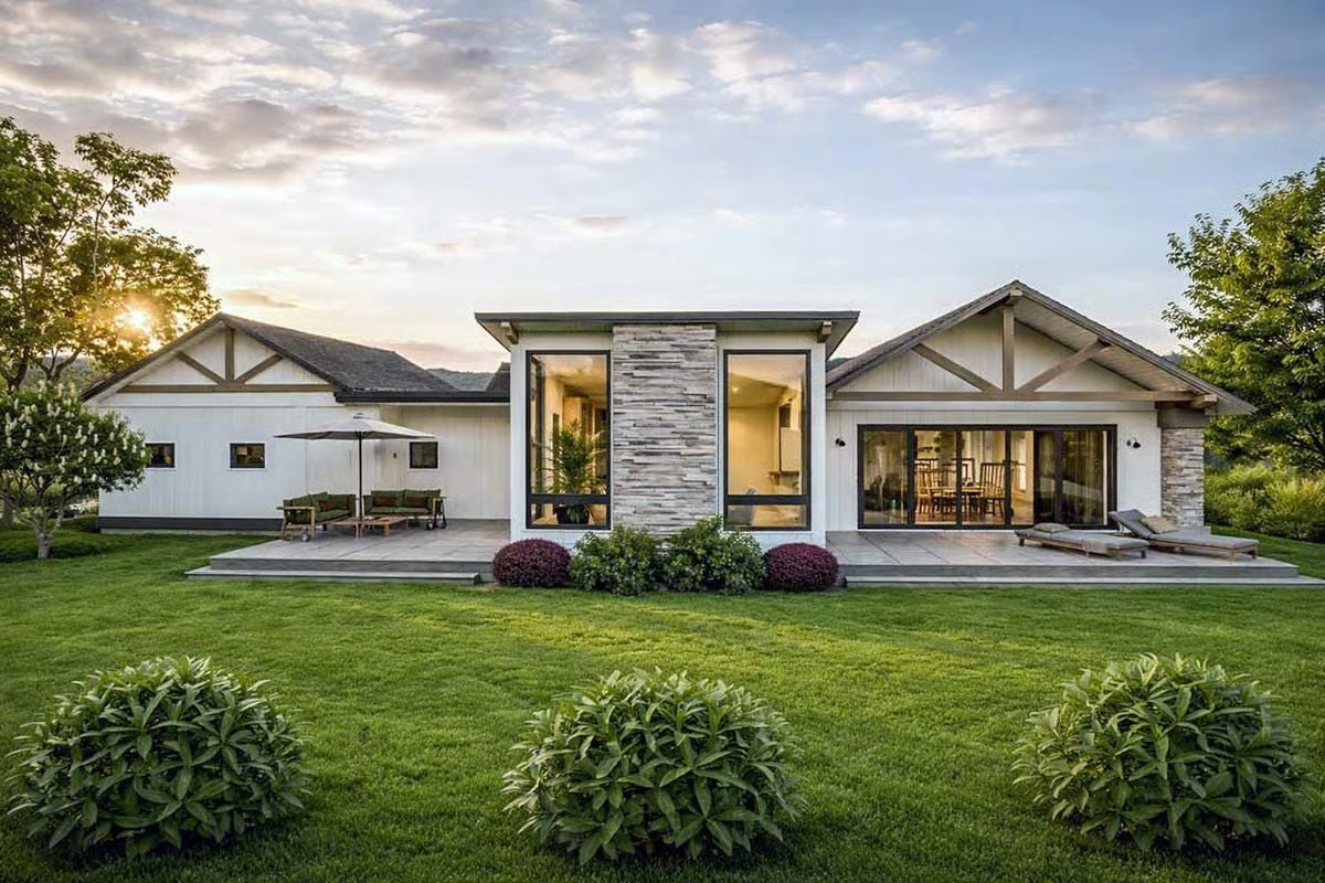 Warm Light and Stone Anchor This Contemporary Farmhouse Exterior