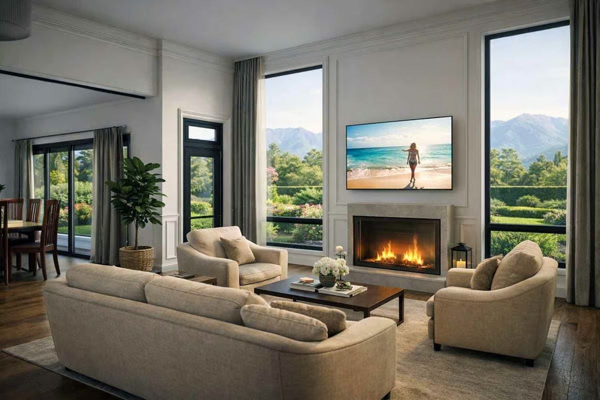 Fireplace Wall and Wall-Mounted TV Create a Layered Focal Point