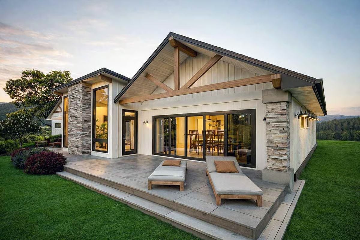 Cedar Gable and Stone Columns Frame an Outdoor Living Patio