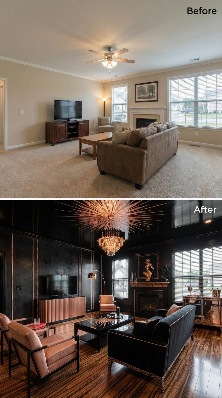 Black Lacquer Walls and a Crystal Chandelier Swap Carpet and a Builder Fan