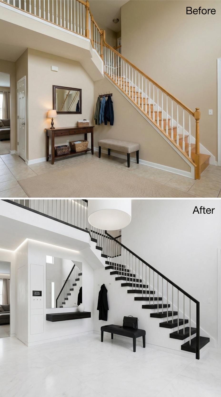 Black Treads, White Walls, and a Floating Shelf Replace Oak and Builder Beige