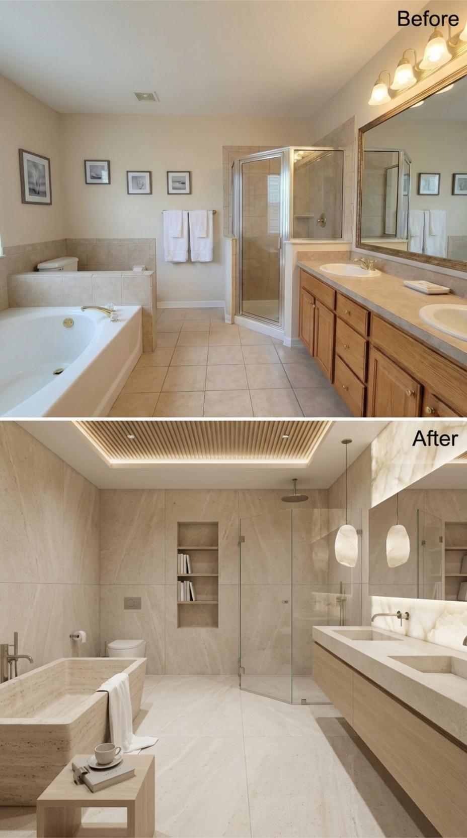 Travertine Walls, a Slatted Tray Ceiling, and the Floating Vanity That Buried the Oak Cabinets