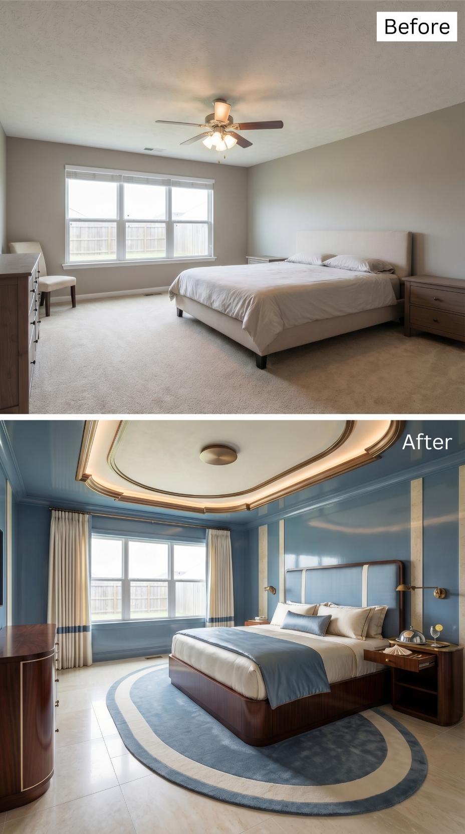 Steel Blue Lacquer Walls and an Oval Tray Ceiling Swap Beige Carpet for Art Deco Drama