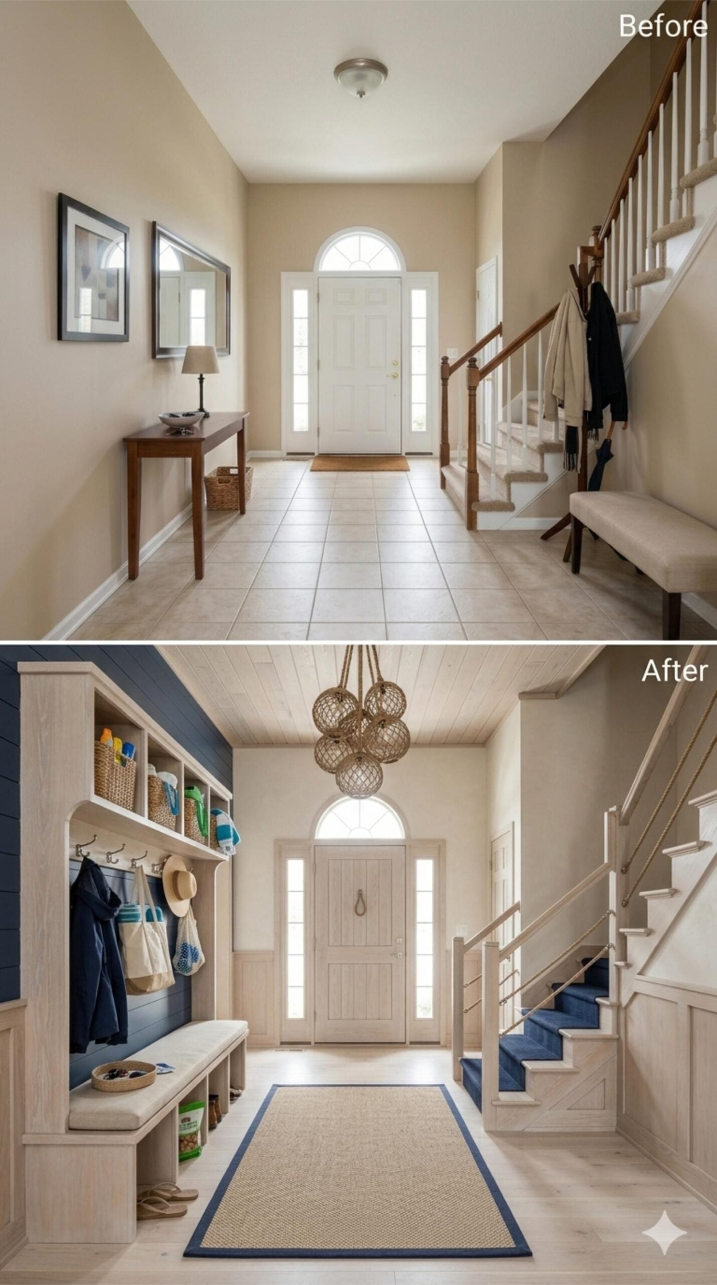 Rope Chandelier, Shiplap Ceiling, and Navy Stair Runner Pull a Foyer Toward the Coast
