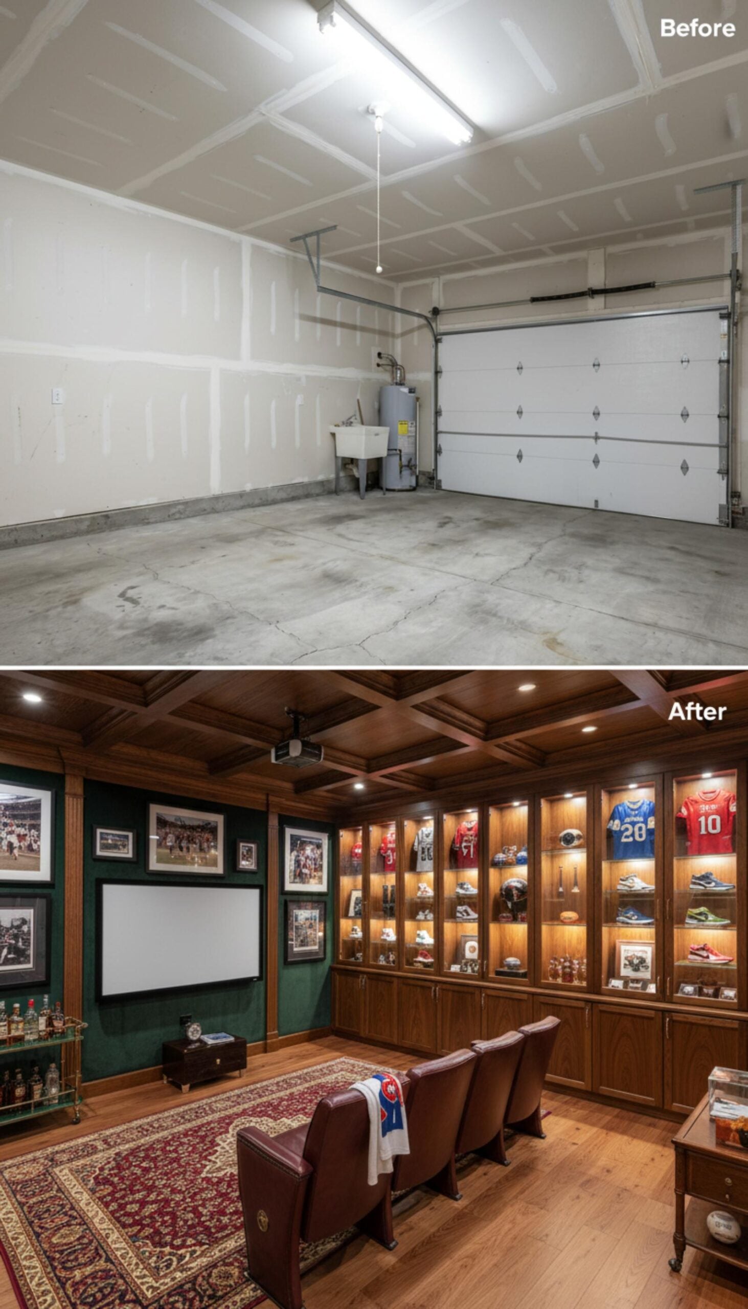 Sports Memorabilia Walls and a Coffered Walnut Ceiling Build the Ultimate Screening Room
