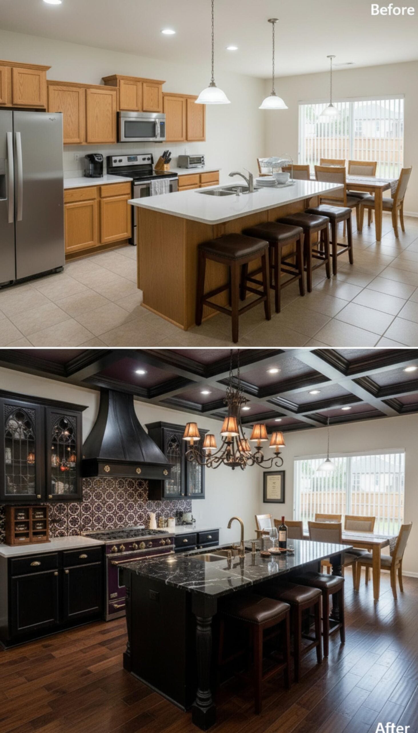 Gothic Range Hood, Patterned Cement Tile Backsplash, and Dark Coffered Ceiling Work in Formation