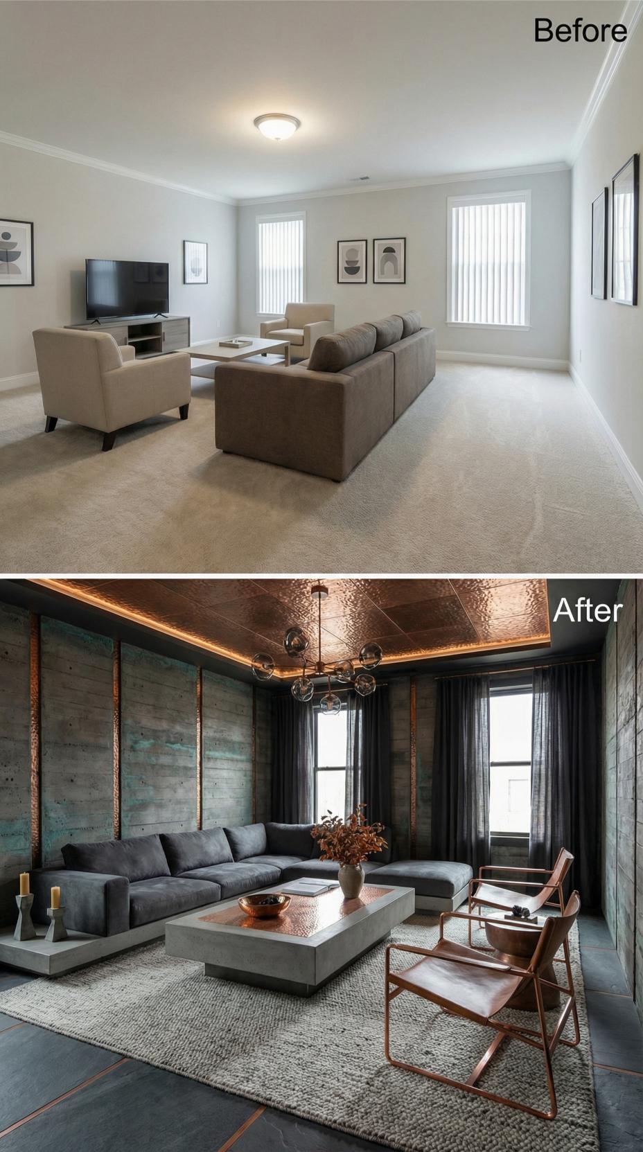 Copper Ceiling Tiles and Raw Concrete Walls Finished Off the Beige Box for Good