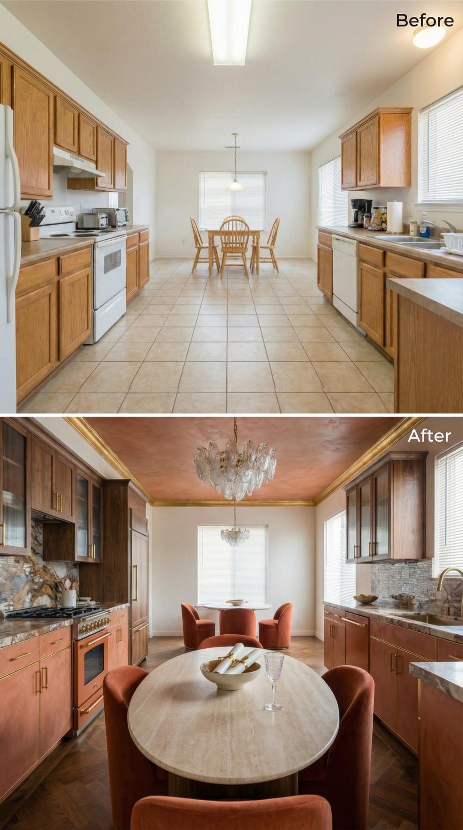Copper Appliances and a Rosy Plaster Ceiling Buried the Oak-and-Tile Combo