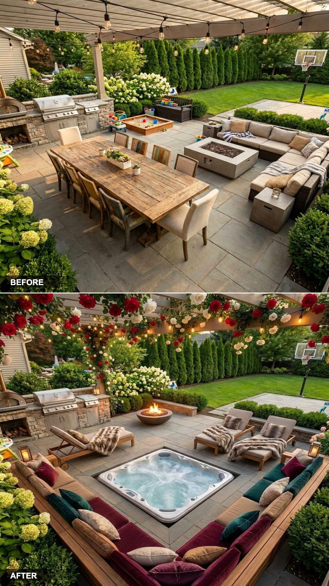 Center-Stage Sunken Hot Tub Surrounded by a Wraparound Teak Bench