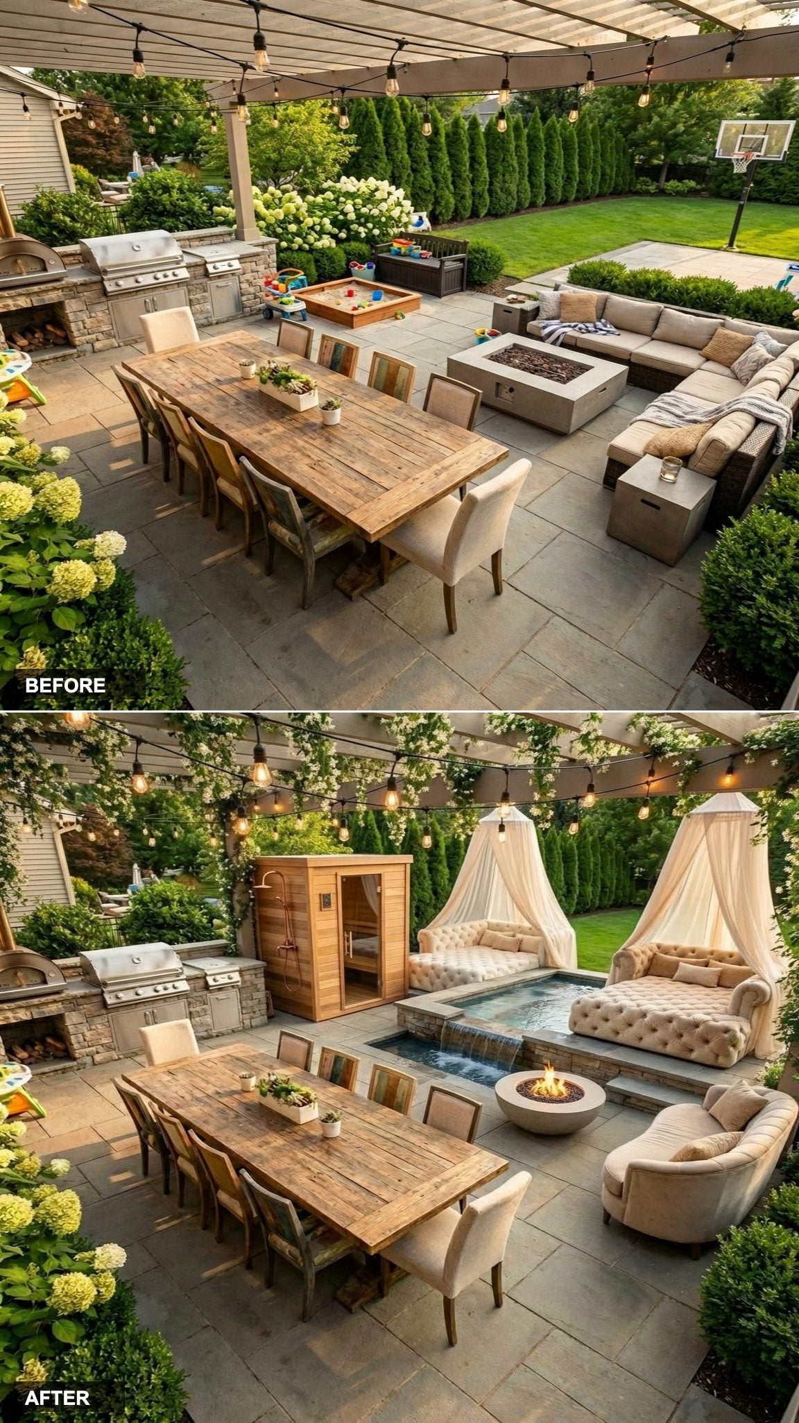 Stone Infinity Overflow Hot Tub at the Deck's Lawn Edge With a Fire Feature and Velvet Daybed