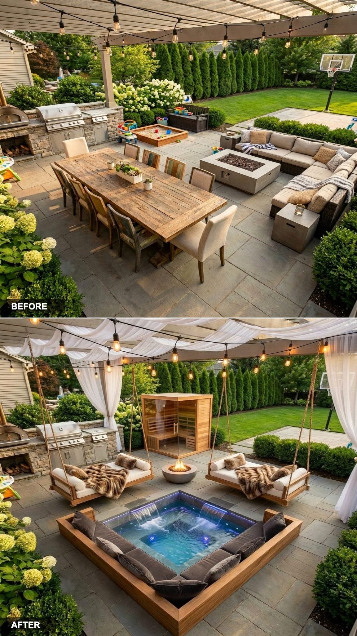 Sunken Pit Hot Tub With Waterfall, Chromotherapy Lighting, and a Japanese-Inspired Gravel Garden Surround