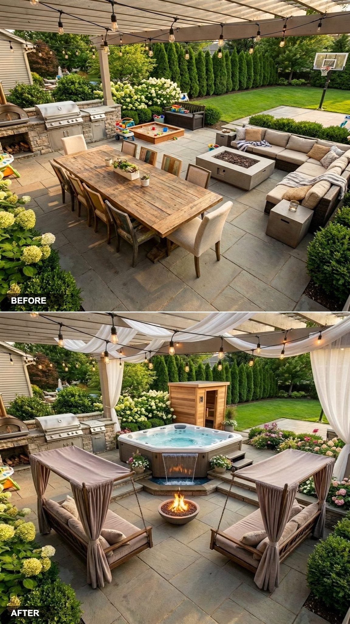 Spillover Waterfall Hot Tub on the Upper Deck Tier With Plush Velvet Lounge Chairs Below