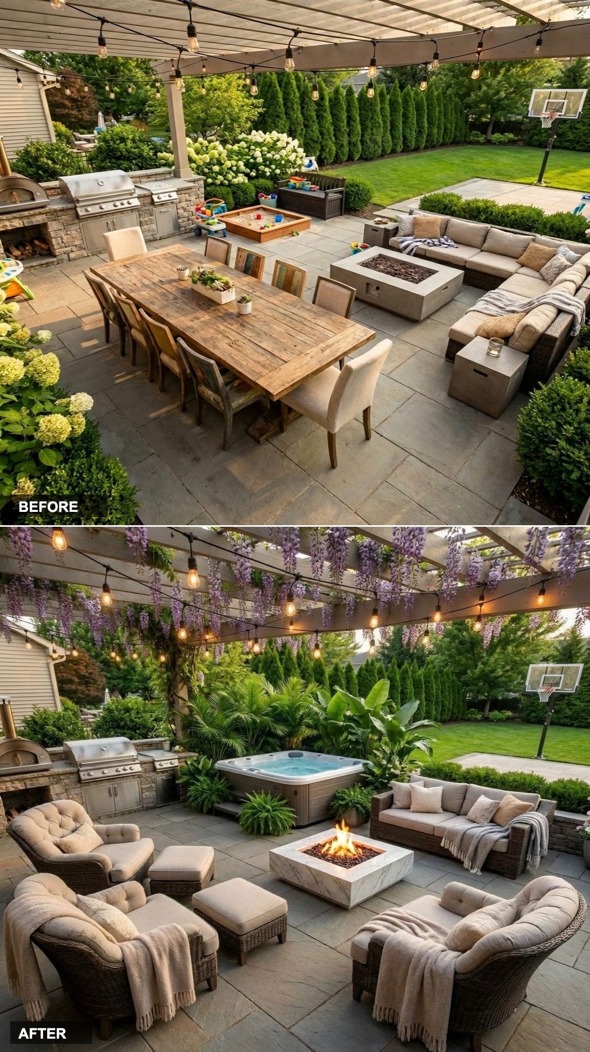 Tropical Plant-Enclosed Corner Hot Tub With Tufted Outdoor Armchairs at Candlelit Side Tables