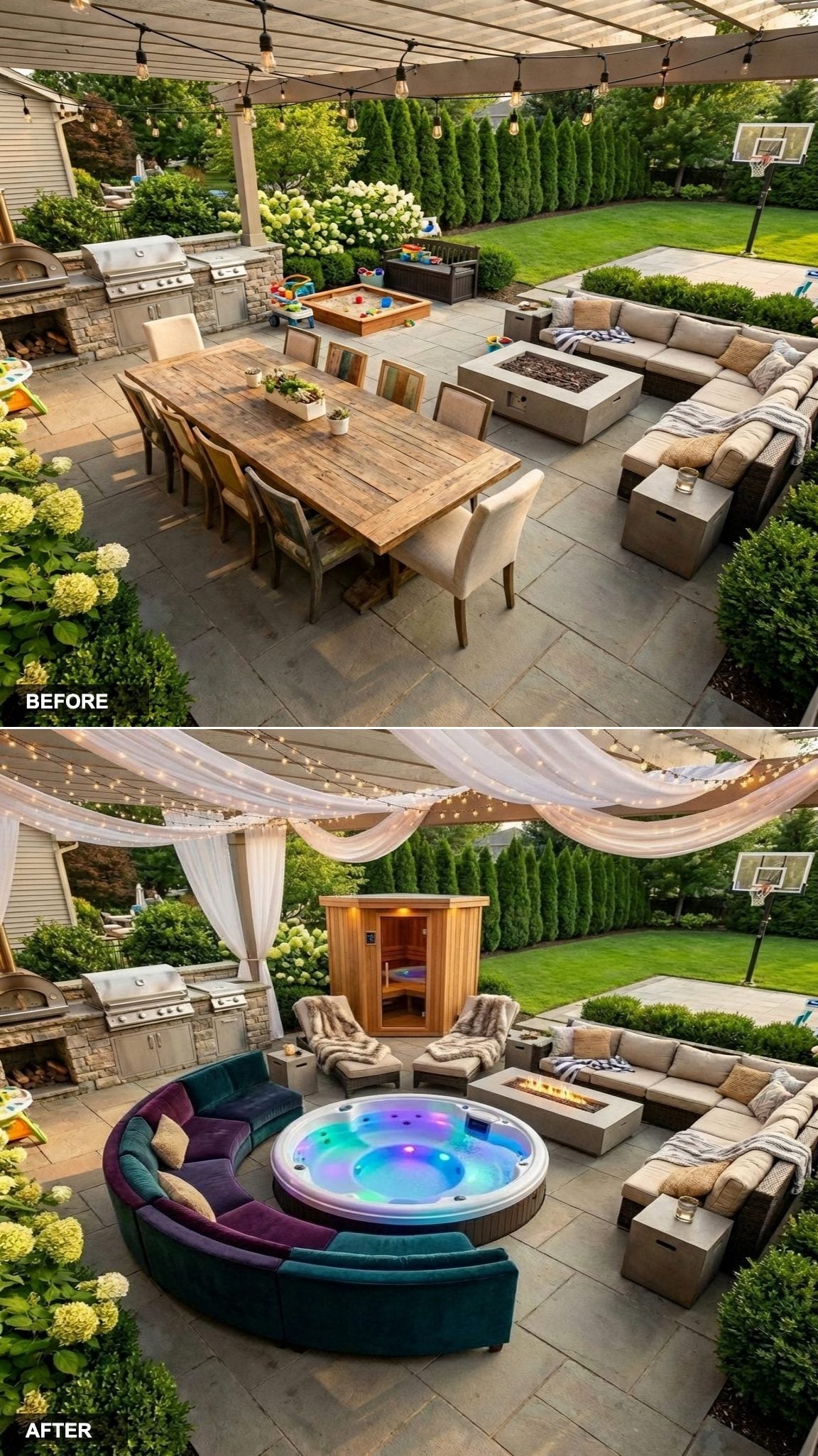 Circular Hot Tub With LED Chromotherapy Glow as the Deck's Dead-Center Focal Point