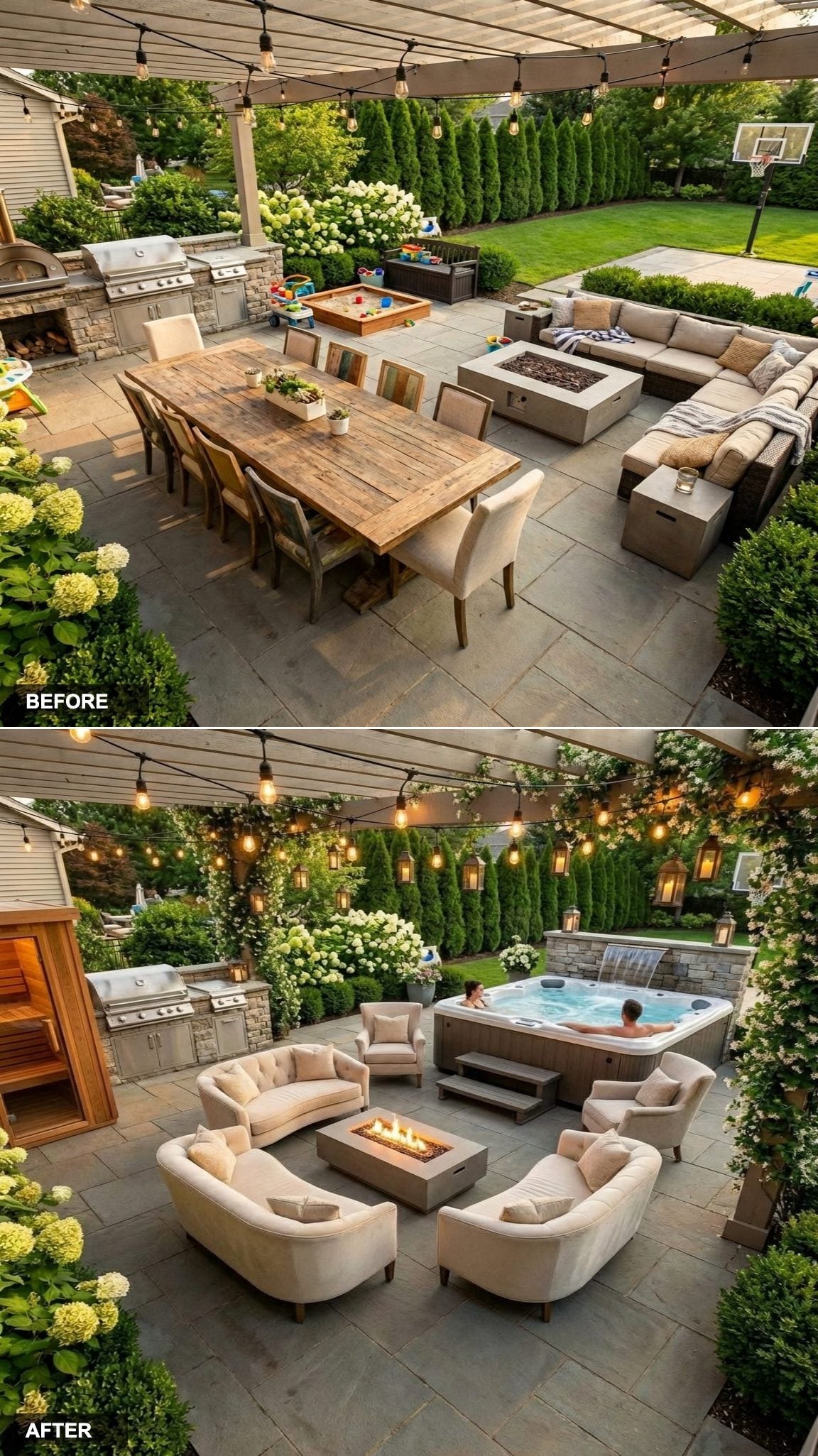 Stone Waterfall Hot Tub Against the Arborvitae Wall With the Whole Deck in View