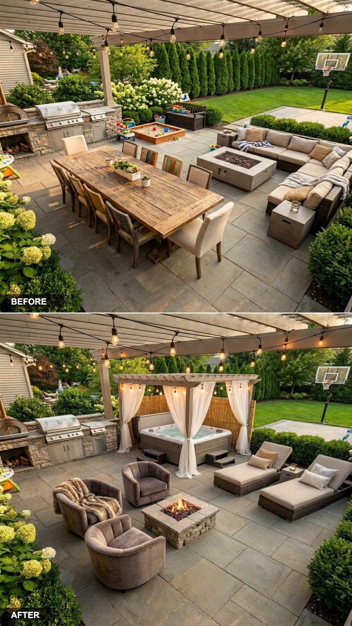 Pergola-Draped Hot Tub Cocoon With Sheer Linen Curtains and Edison Bulb Canopy