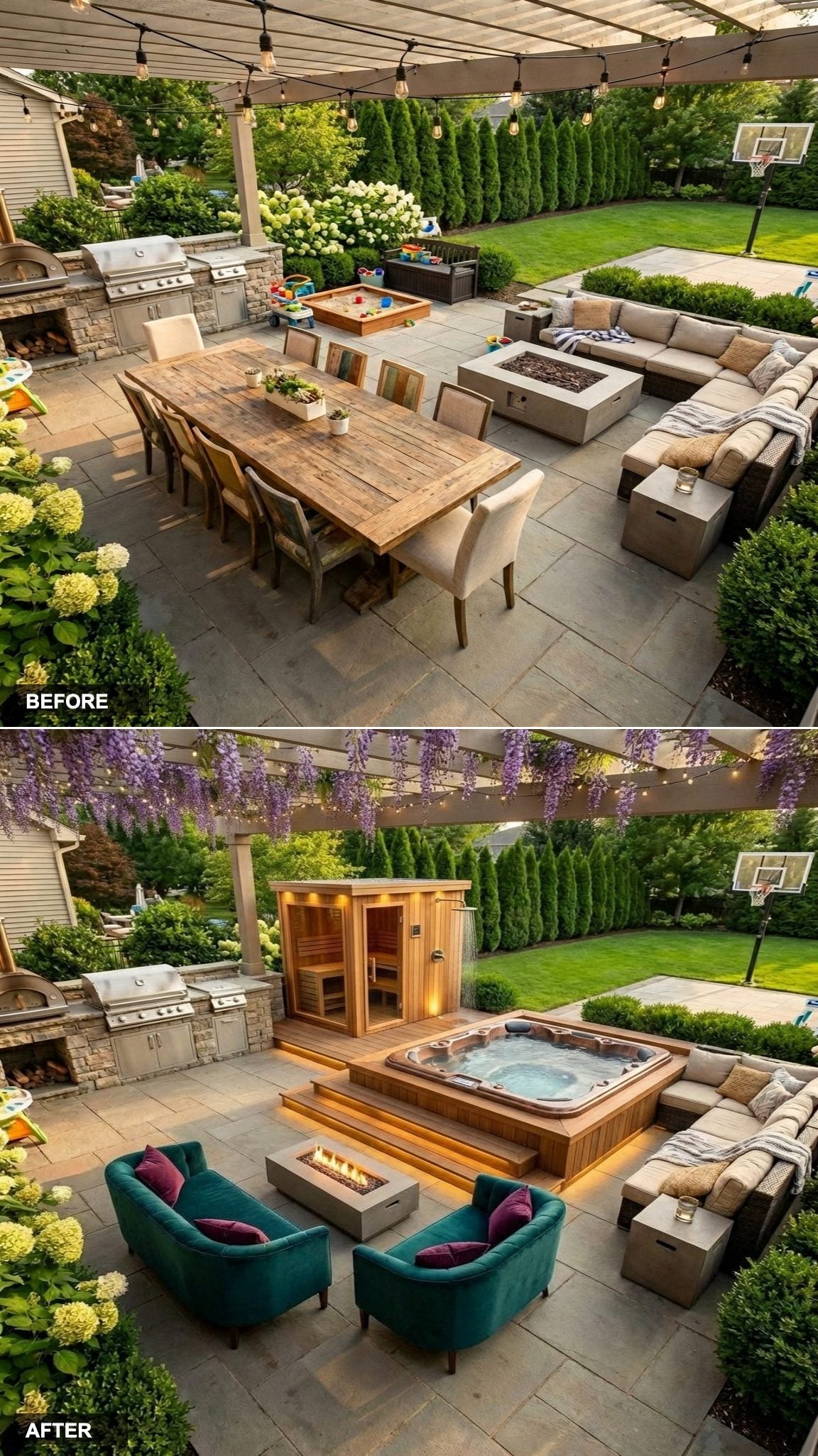 Copper-Jet Hot Tub on a Three-Step Raised Platform With Deep Midnight Blue Wraparound Seating