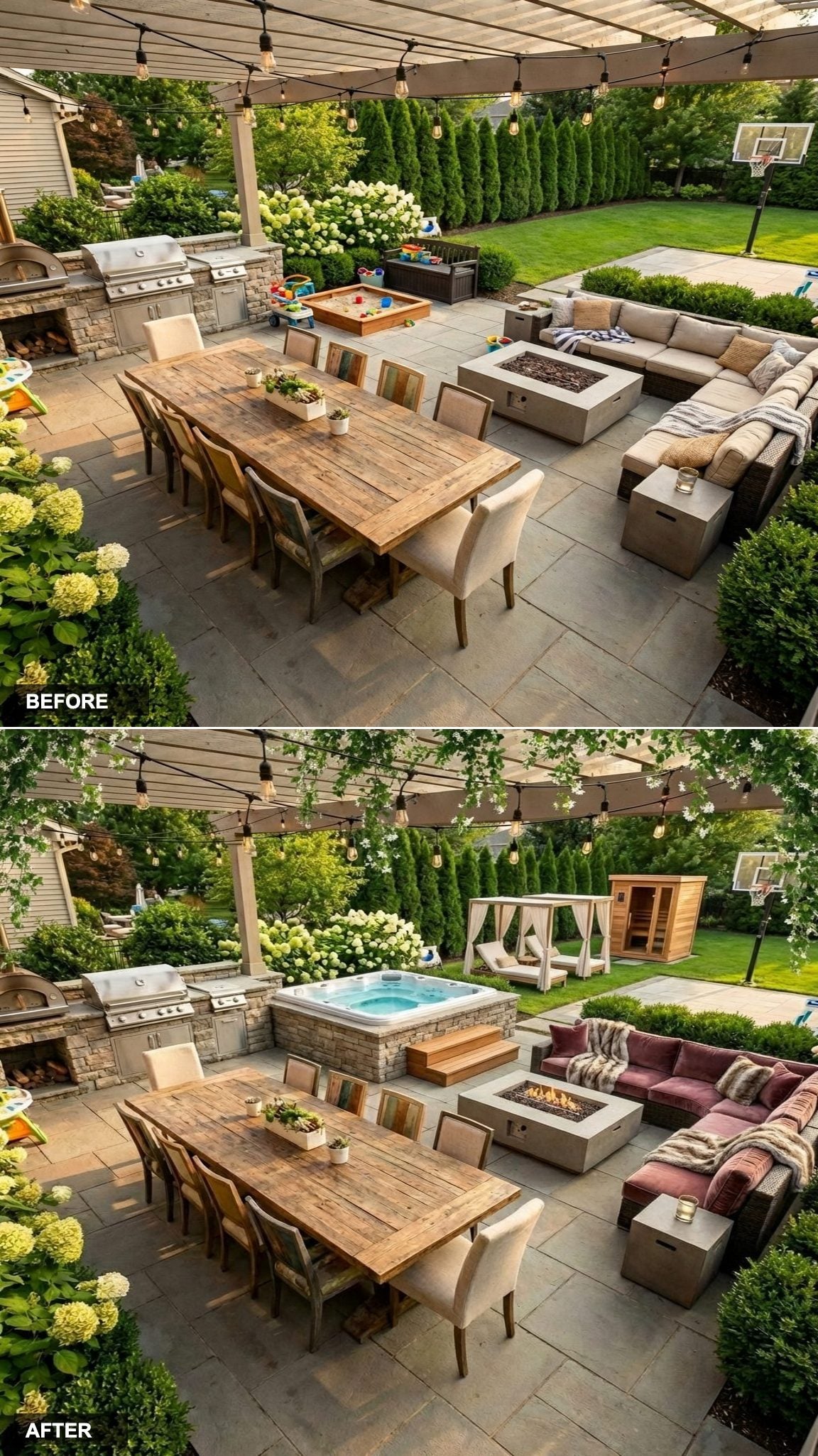 Stacked Stone Hot Tub Under String Lights and Jasmine With Teak Steps and a Pergola Overhead