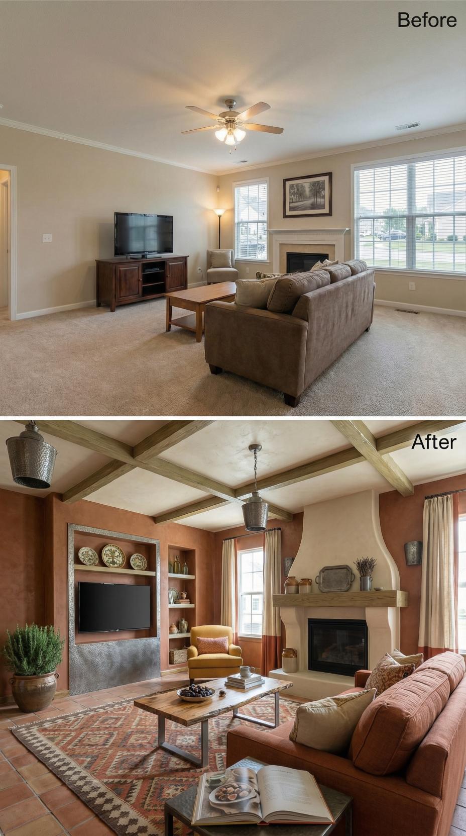 Coffered Wood Beams and Terracotta Tile Swap Beige Carpet for a Spanish Colonial Living Room