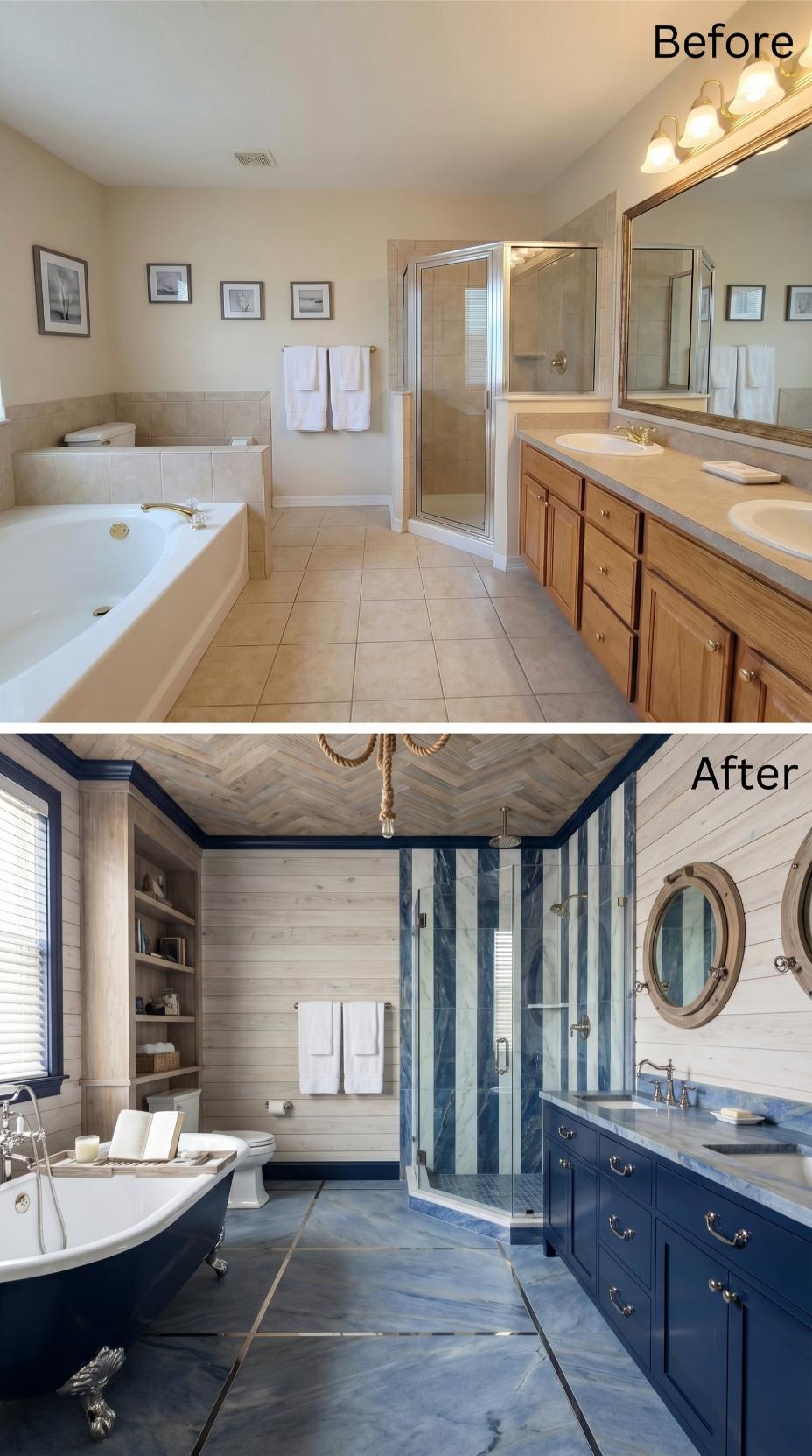 Navy Shiplap, a Rope Chandelier, and Blue Marble That Replaced Forty Square Feet of Beige