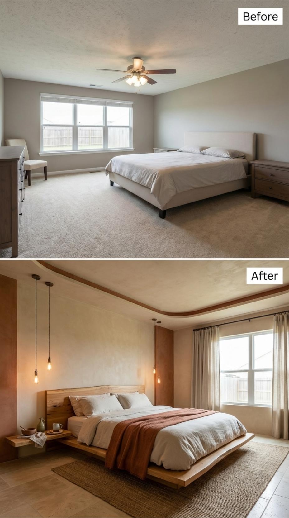 Live-Edge Platform Bed and Edison Pendants Replace Carpet and Ceiling Fan