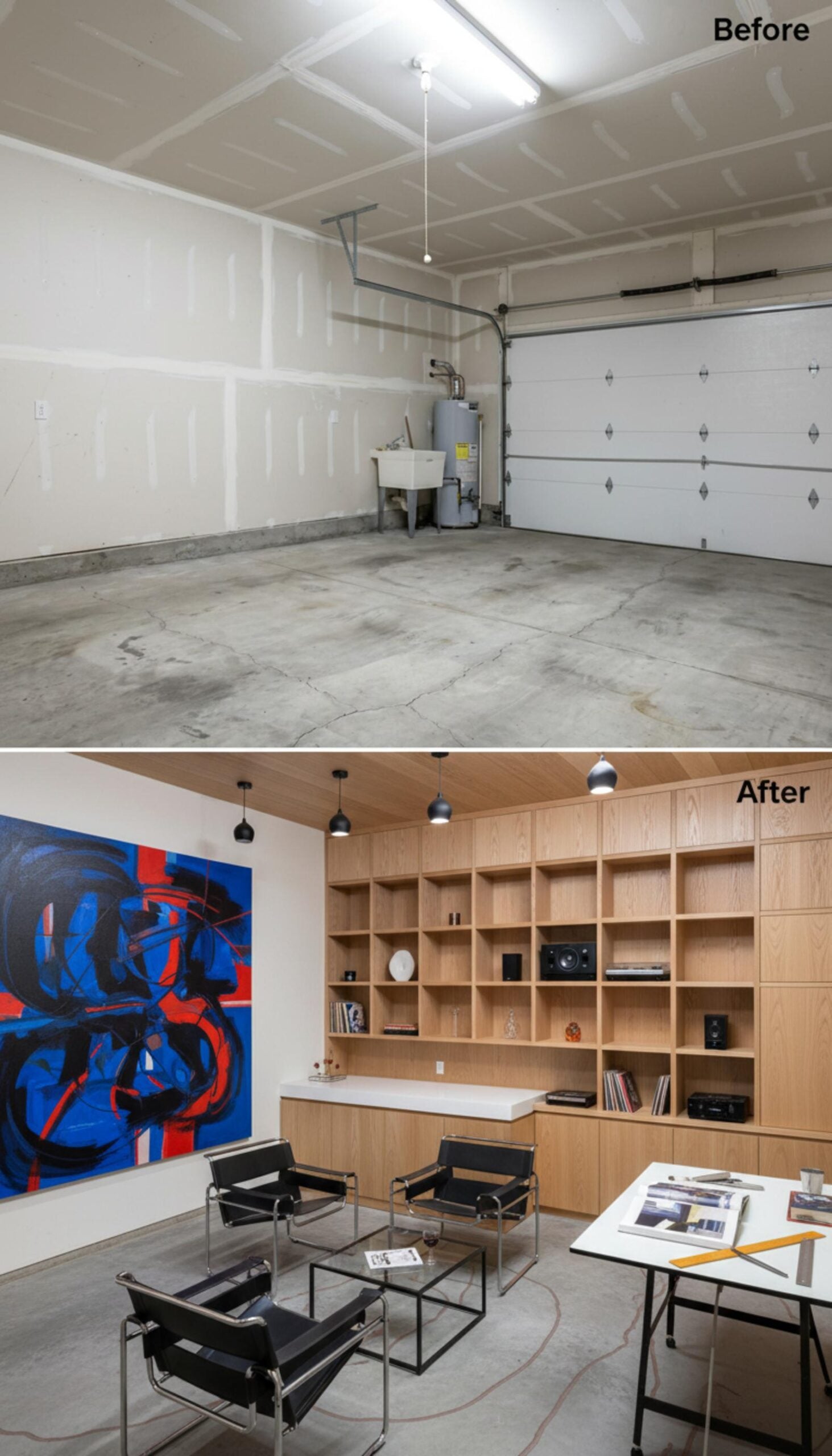 Oak Shelving, Wassily Chairs, and Abstract Canvas Build a Garage Studio Worth Working In