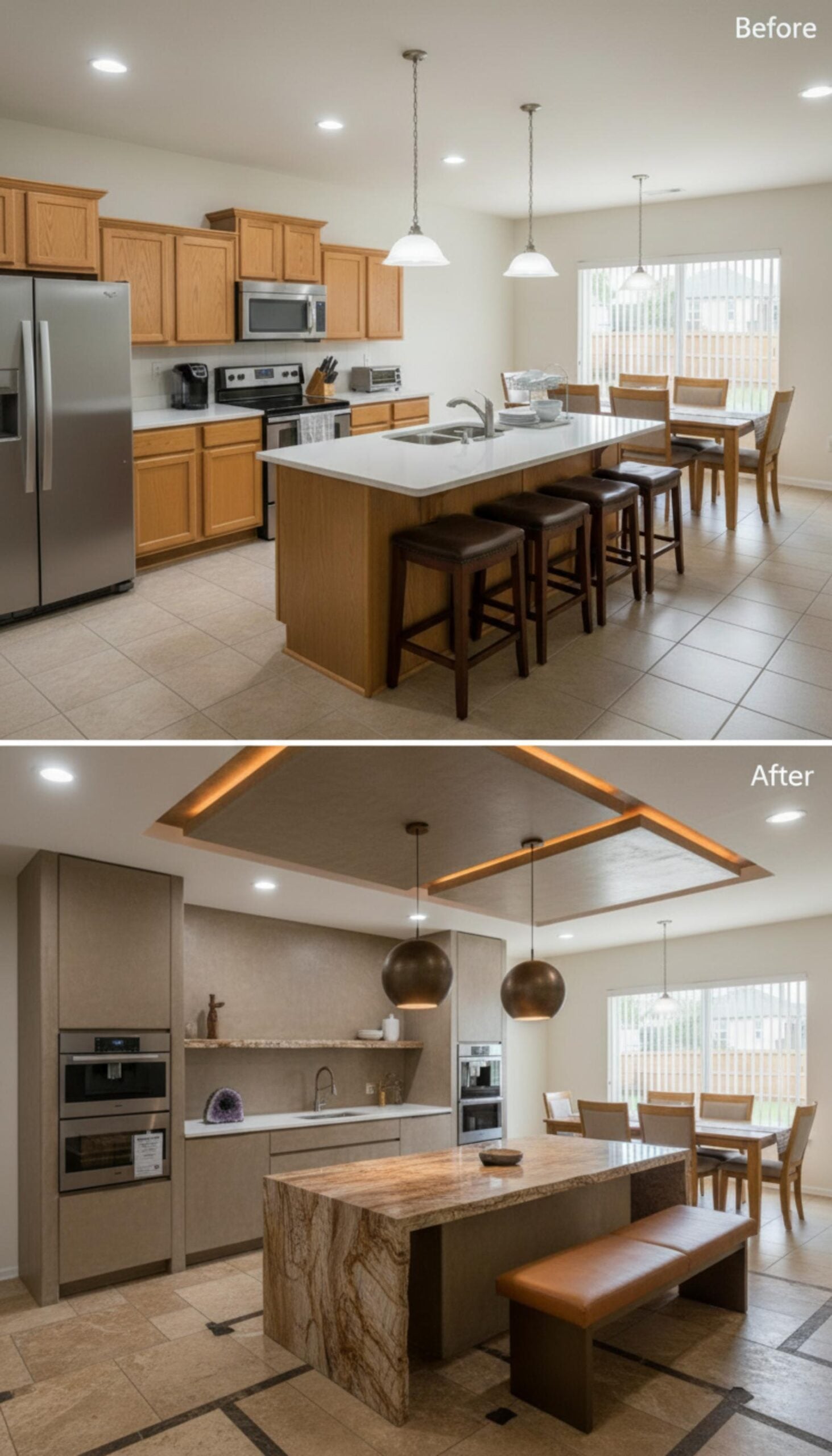 Taupe Flat-Front Cabinets, Waterfall Granite Island, and Cove-Lit Tray Ceiling Rewrite the Room's Whole Register