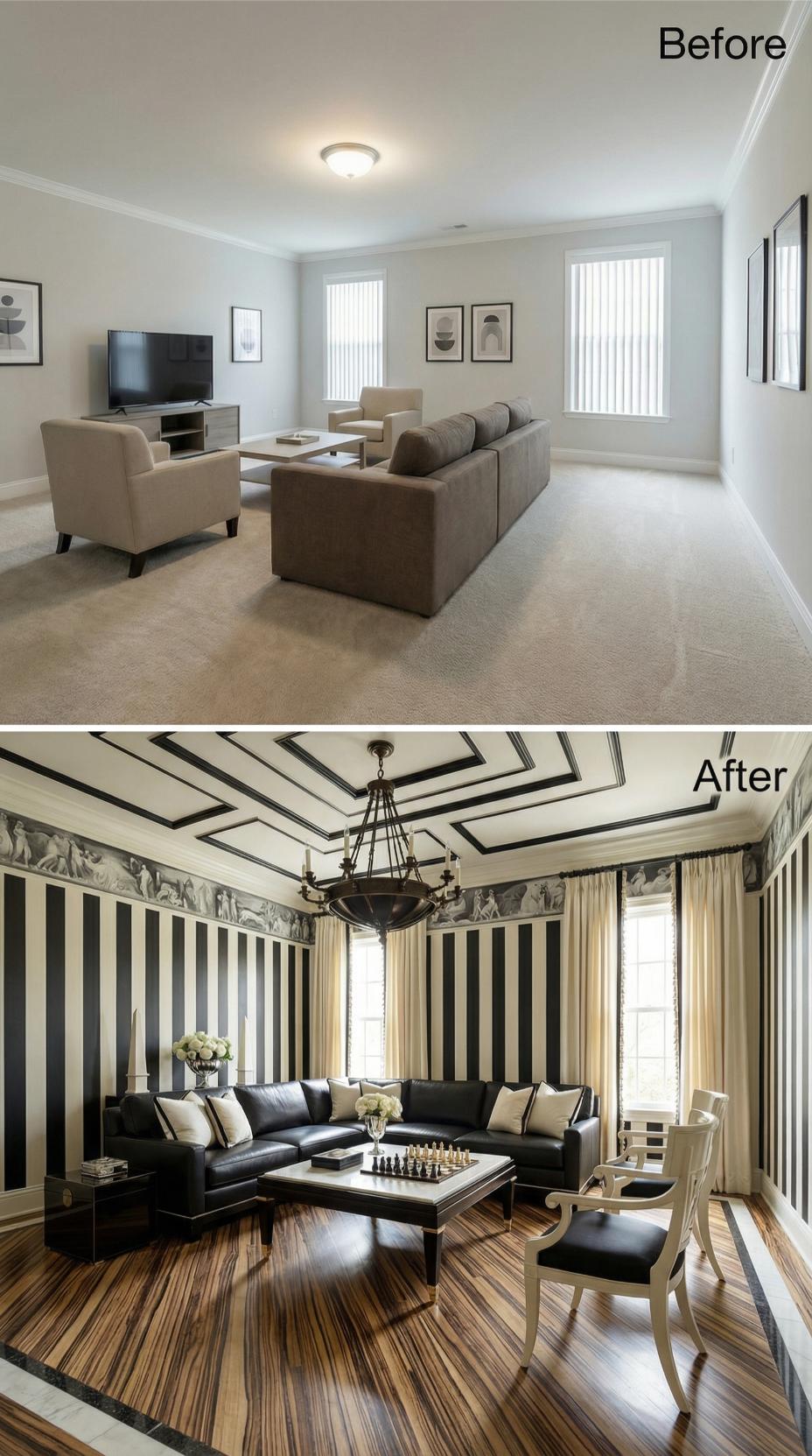 Black Stripe Wallpaper and a Coffered Ceiling Sent the Beige Box to Its Grave