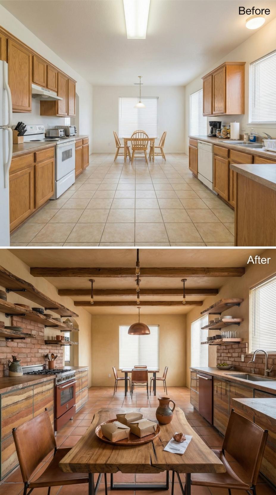 Exposed Beams and Brick Backsplash Pulled This Kitchen Out of the Takeout Drawer