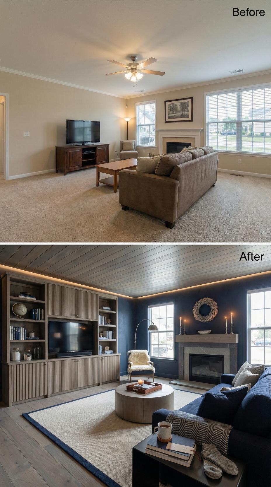 Navy Walls and Shiplap Ceiling Turn a Beige Box Into a Moody Media Room