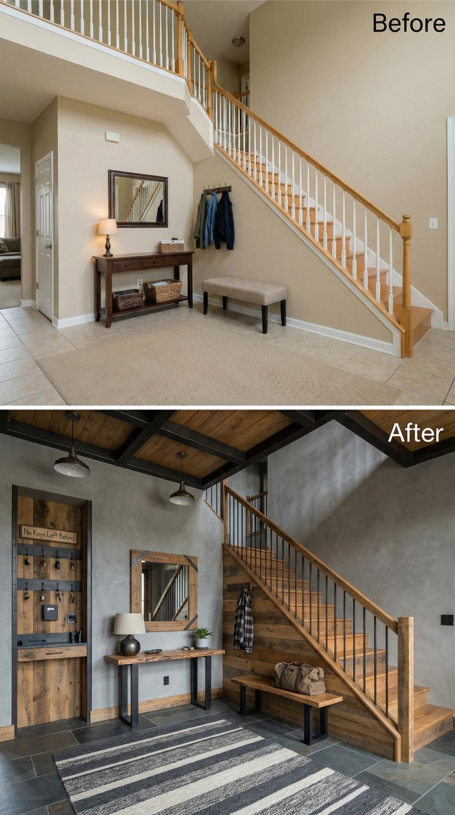 Reclaimed Wood, Iron Balusters, and a Key Wall Replace Oak and Builder Beige