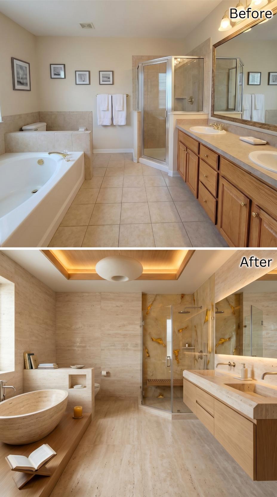 Travertine Tub Surround, Backlit Tray Ceiling, and Gold-Veined Stone Inside the Shower