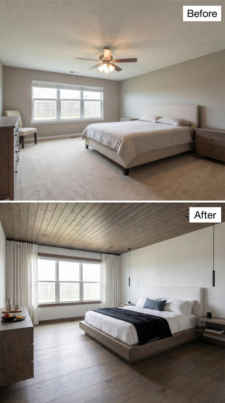 Shiplap Ceiling and Floating Walnut Bed Swap Carpet and Ceiling Fan for Hotel Calm
