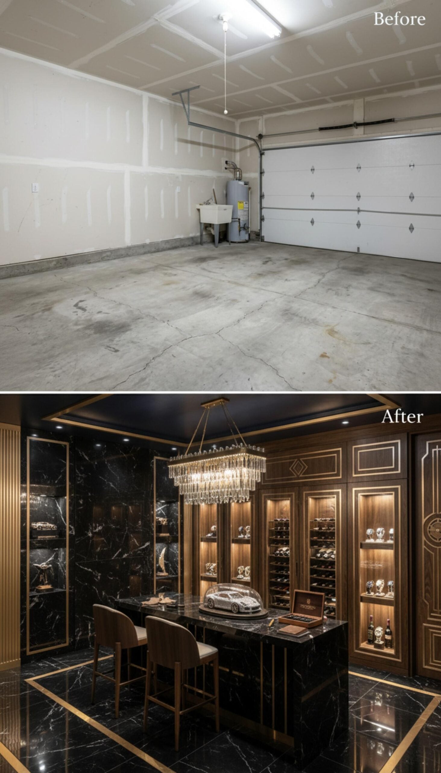 Black Marble, Crystal Chandelier, and a Wine Wall Turn One Garage Into a Private Collector's Lounge