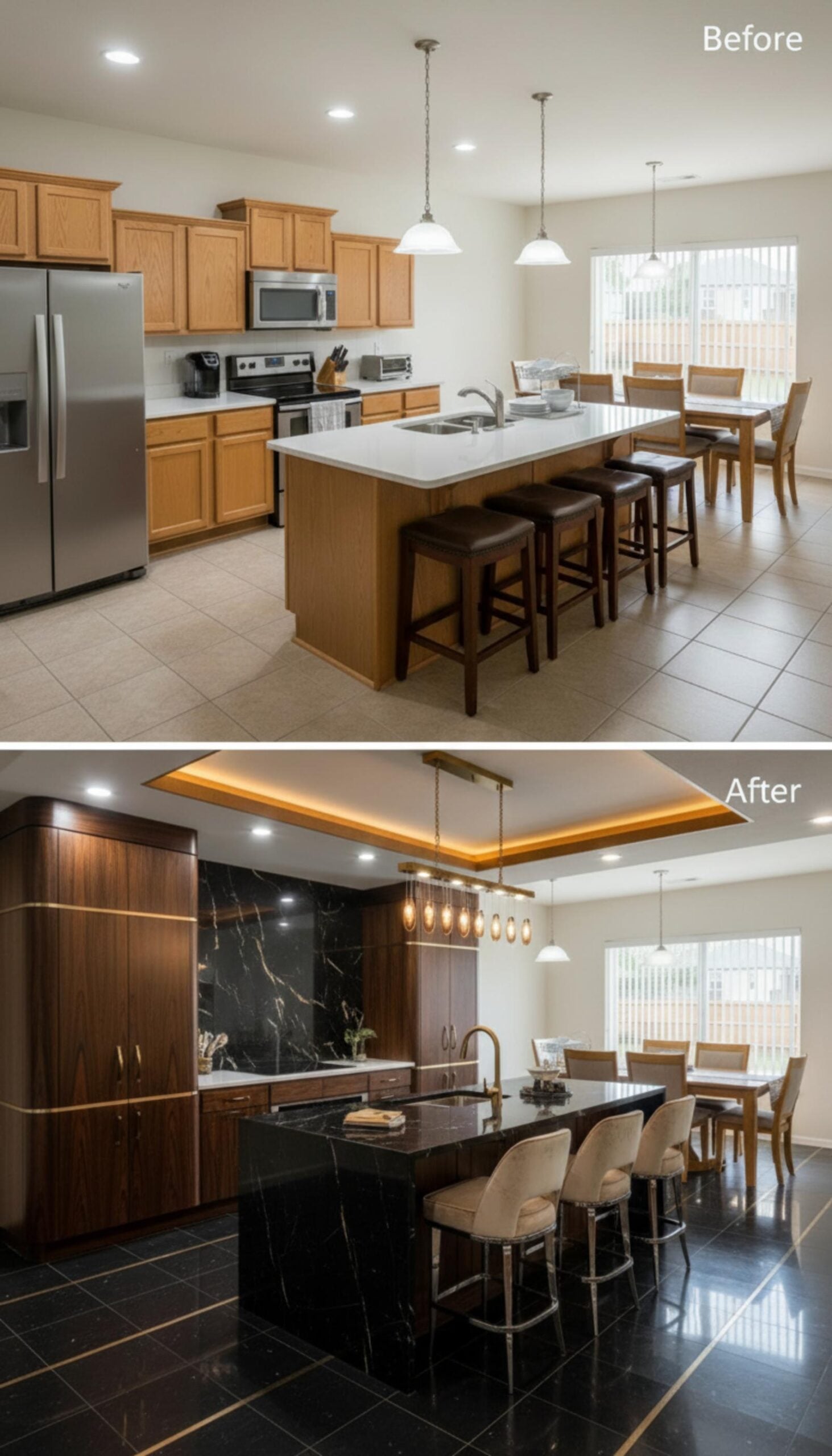 Walnut Flat-Fronts, Black Marble Everywhere, and Cove Lighting That Rewrites the Ceiling's Job