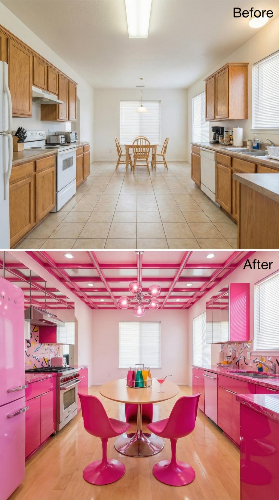 Hot Pink Lacquer Cabinets and a Mirrored Coffered Ceiling Wiped Out Oak Completely